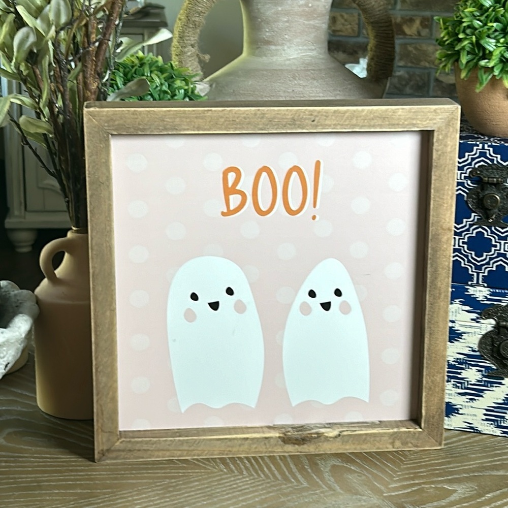 NEW! Retro Halloween Shabby Chic Farmhouse Boo Ghost Framed Wood Fall Art
